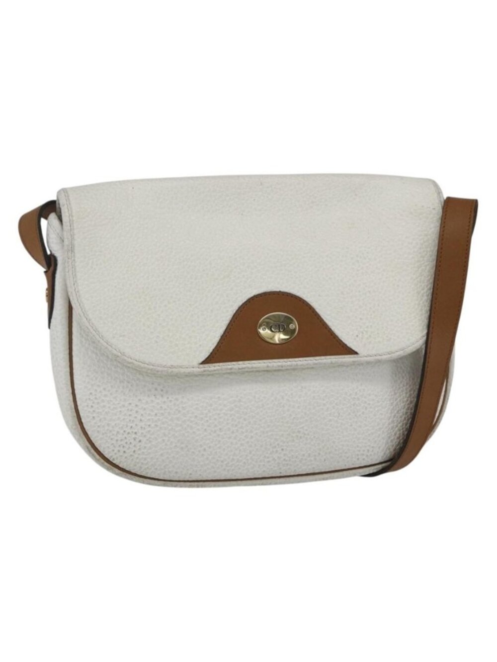Authentic Christian Dior Chain Shoulder Bag Leather White Gold